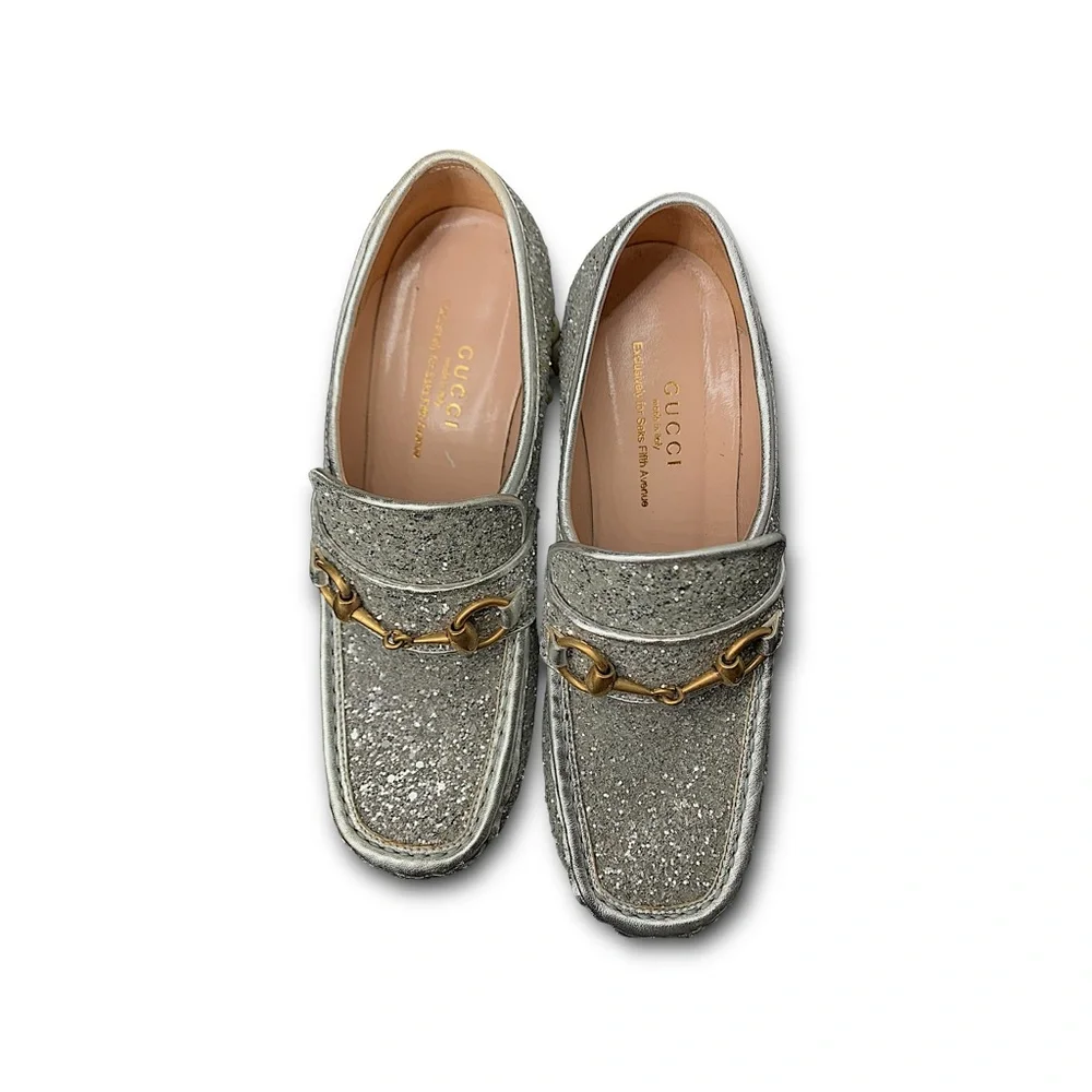 Gucci Vegas Silver Glitter Platform Loafers with Gold Stud & Spike Accents Rare
